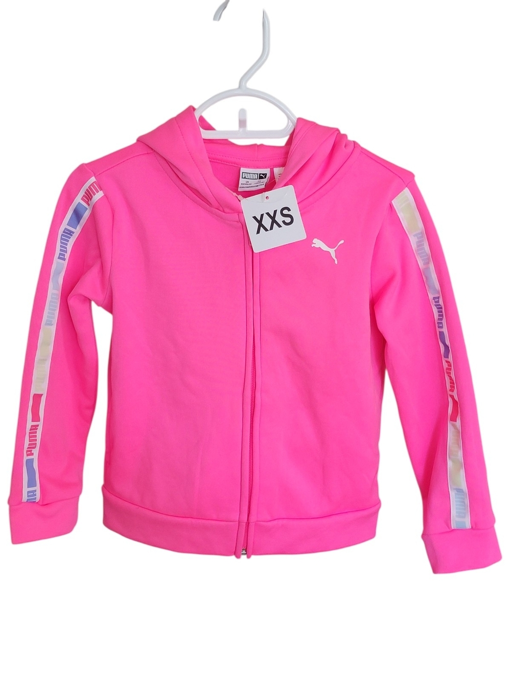 Puma Bright Pink Girls' Hooded Zip Jacket with Stripe Detail XXS 3/4